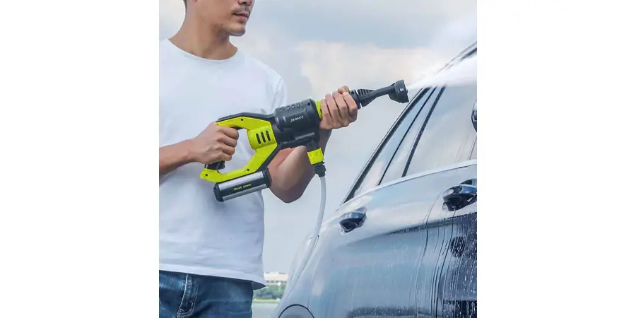 A cordless pressure washer with a removable battery.